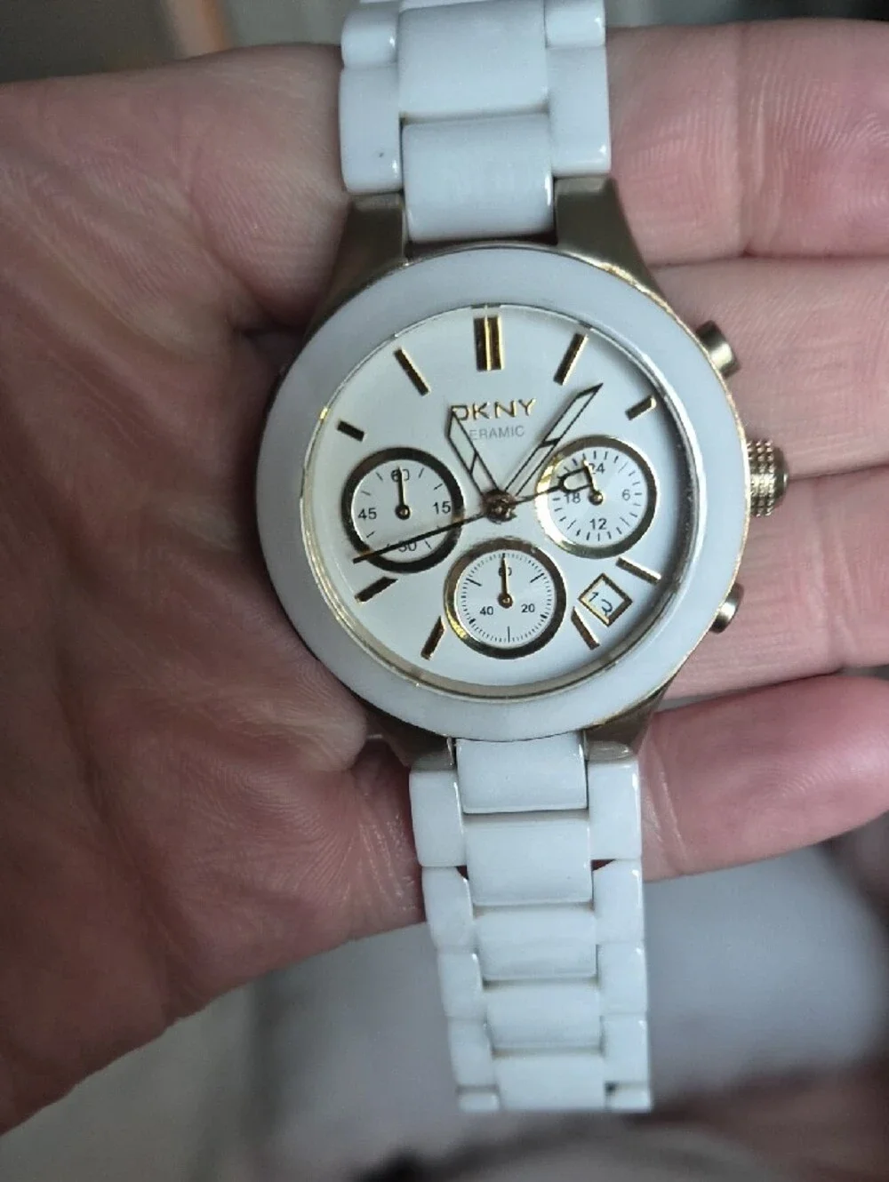 DKNY White Ceramic Chronograph Watch with Gold Accents